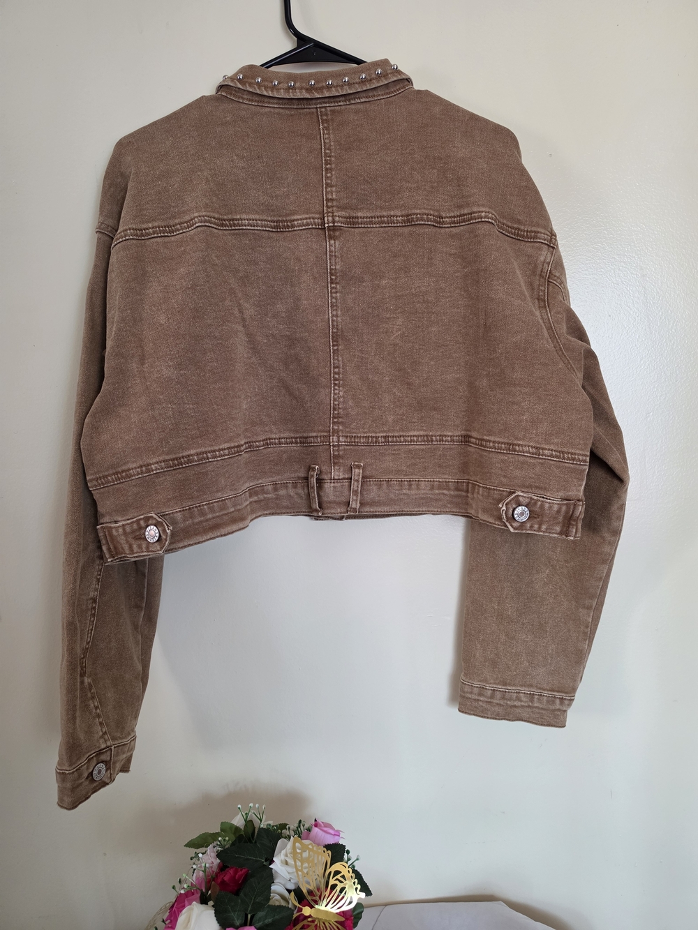 Jeans Stud-Embellished Brown Cropped Denim Jacket - Women Size L - Picture 5 of 5